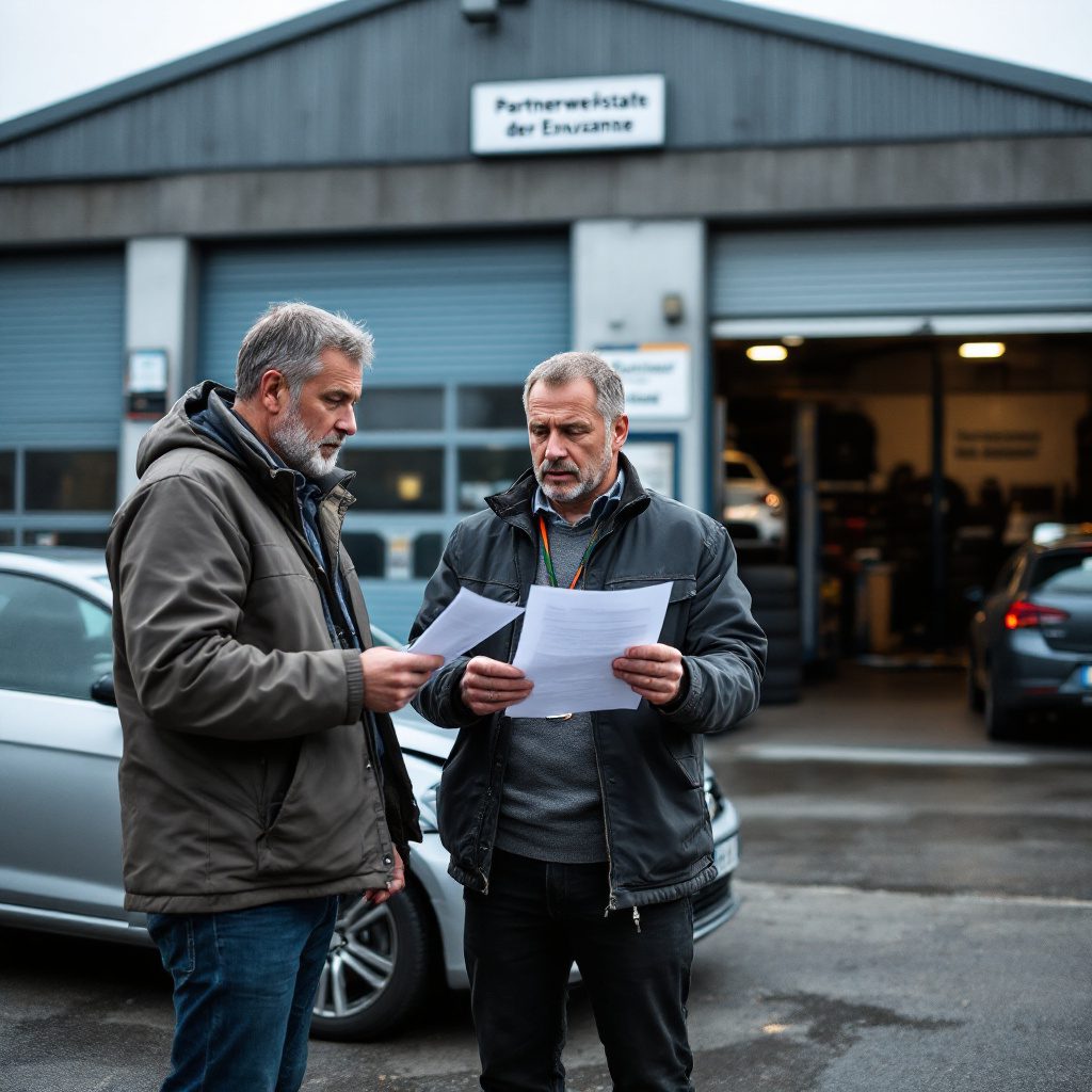 Autobesitzer bespricht mit Versicherungsvertreter die Schadensmeldung für seinen beschädigten Volkswagen Golf.