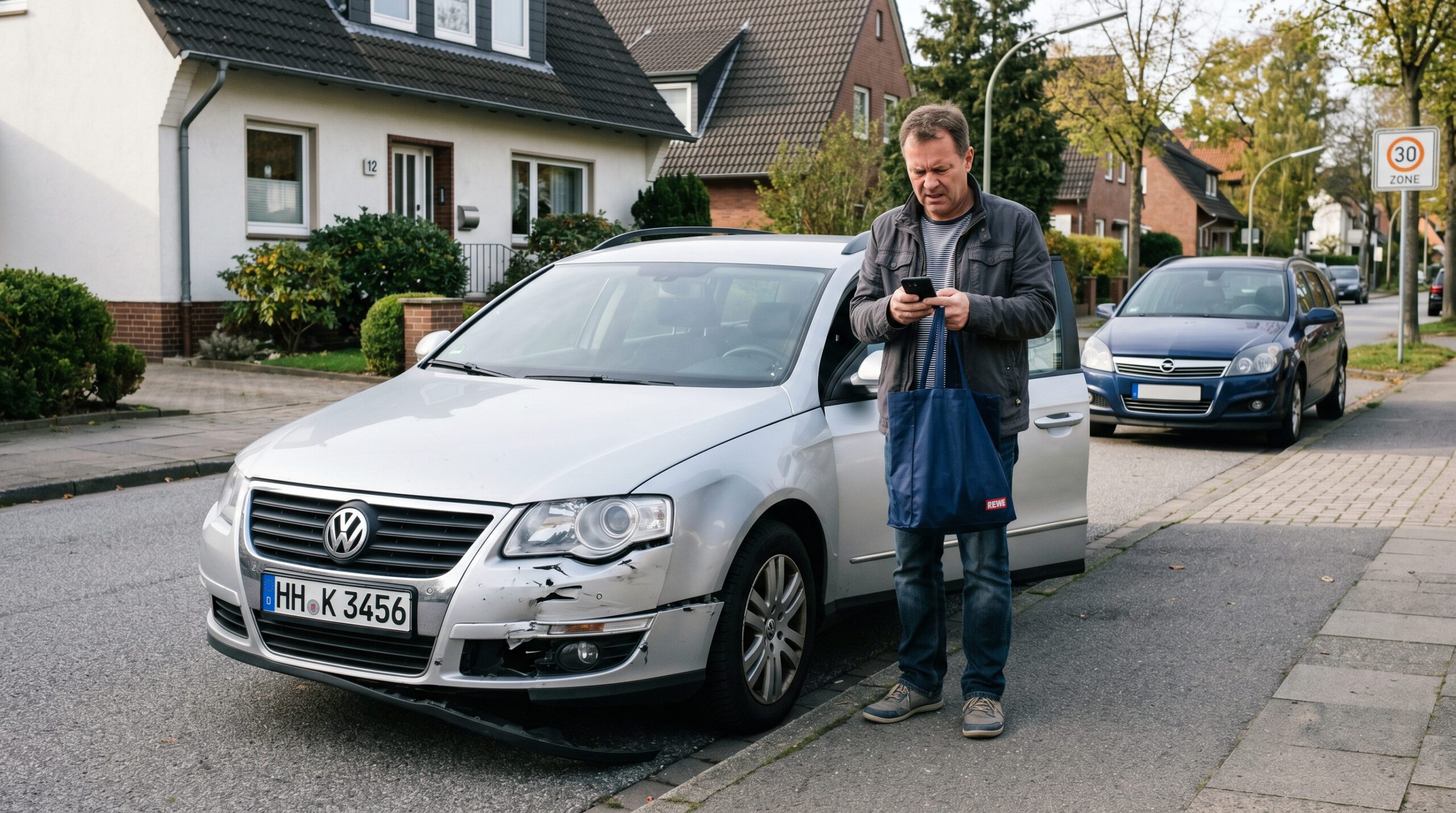 Ein Mann steht mit Einkaufstasche frustriert neben seinem beschädigten, fahruntüchtigen Auto an einer Wohnstraße.