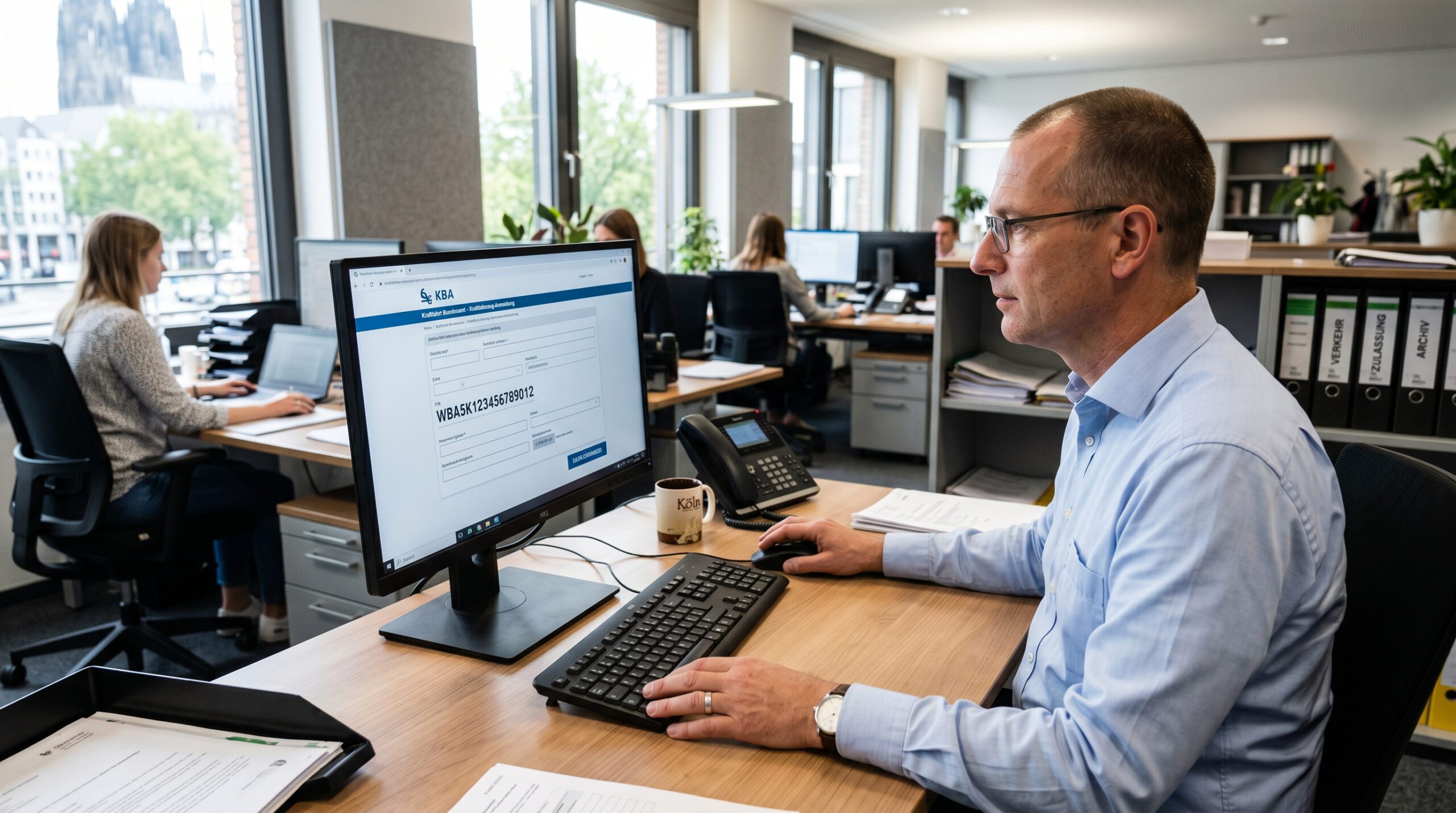Bürobeamter am PC, auf dem Monitor ist ein Formular mit einer Fahrgestellnummer der Zulassungsbehörde zu sehen.