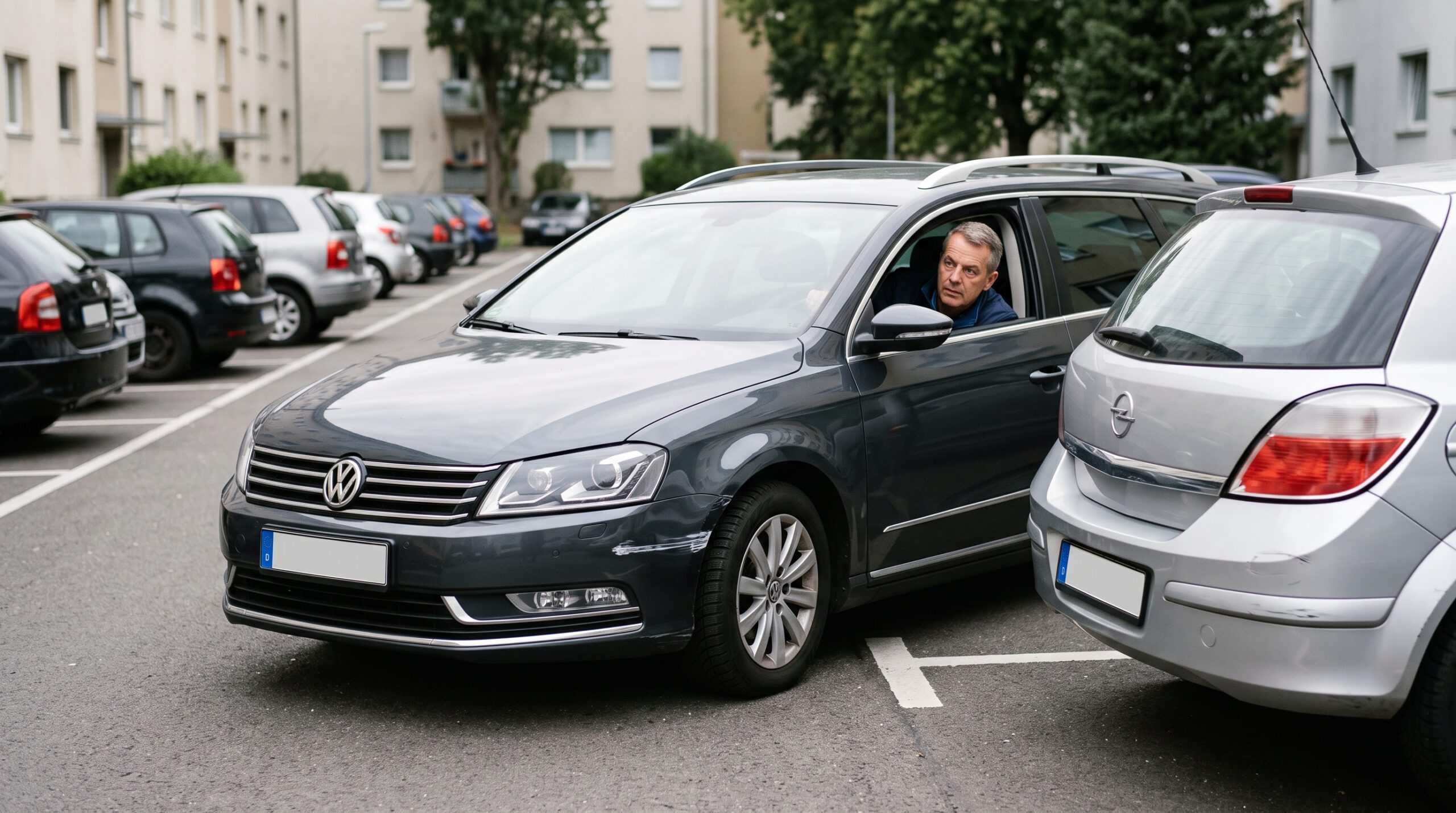 Enge Parkgasse: Zwei Fahrzeuge streifen sich leicht; die Fahrerin blickt zurück, horizontale Kratzspuren zeigen den Kontakt.