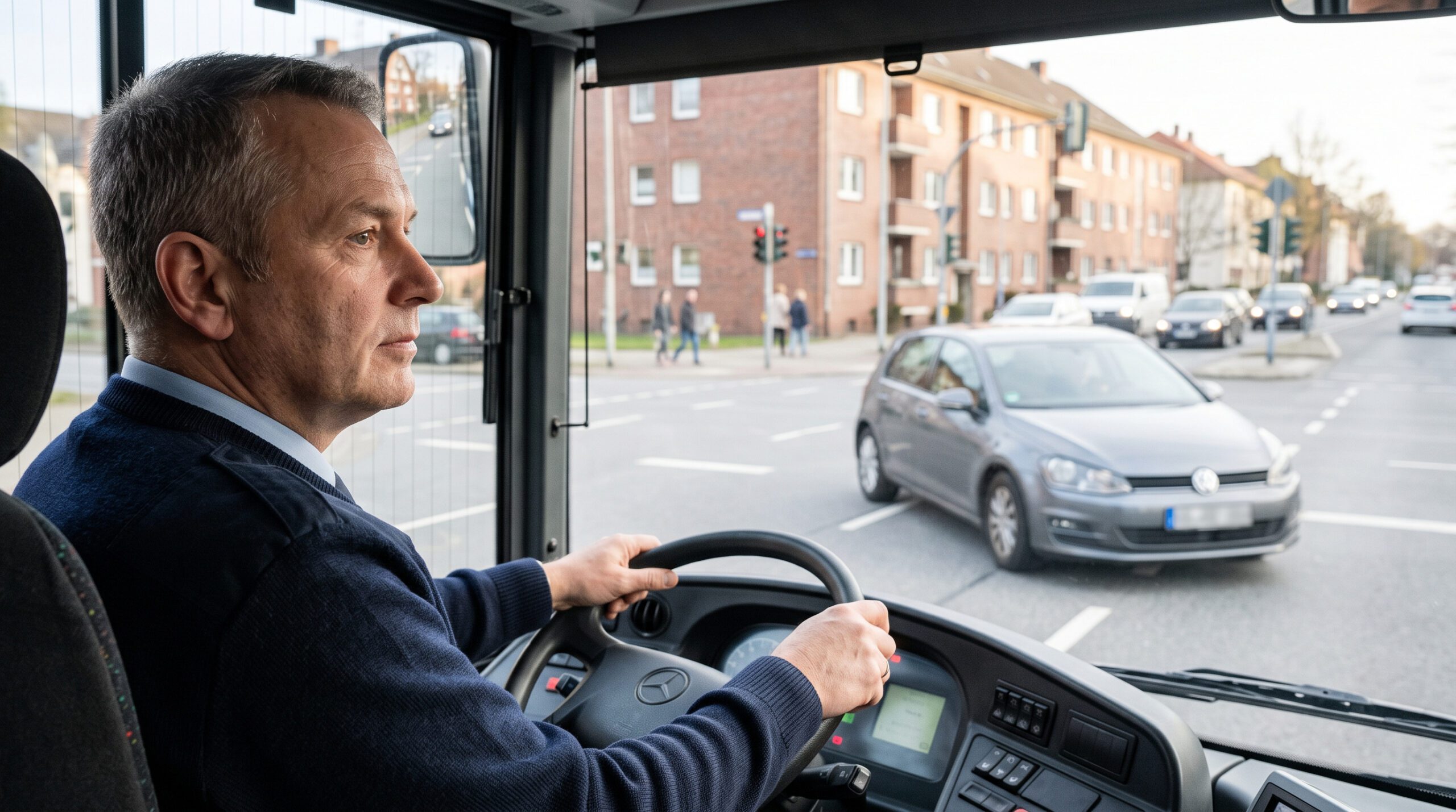 PKW rückt an einer deutschen Kreuzung weit in die Hauptstraße hinaus und blockiert den Fahrweg eines nahenden Stadtbusses unt