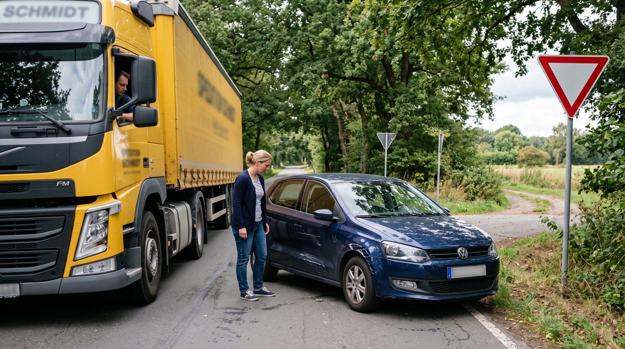 Pkw nach Streifkollision mit Lastwagen an enger Einmündung, Fahrerin betrachtet Schaden am Kotflügel