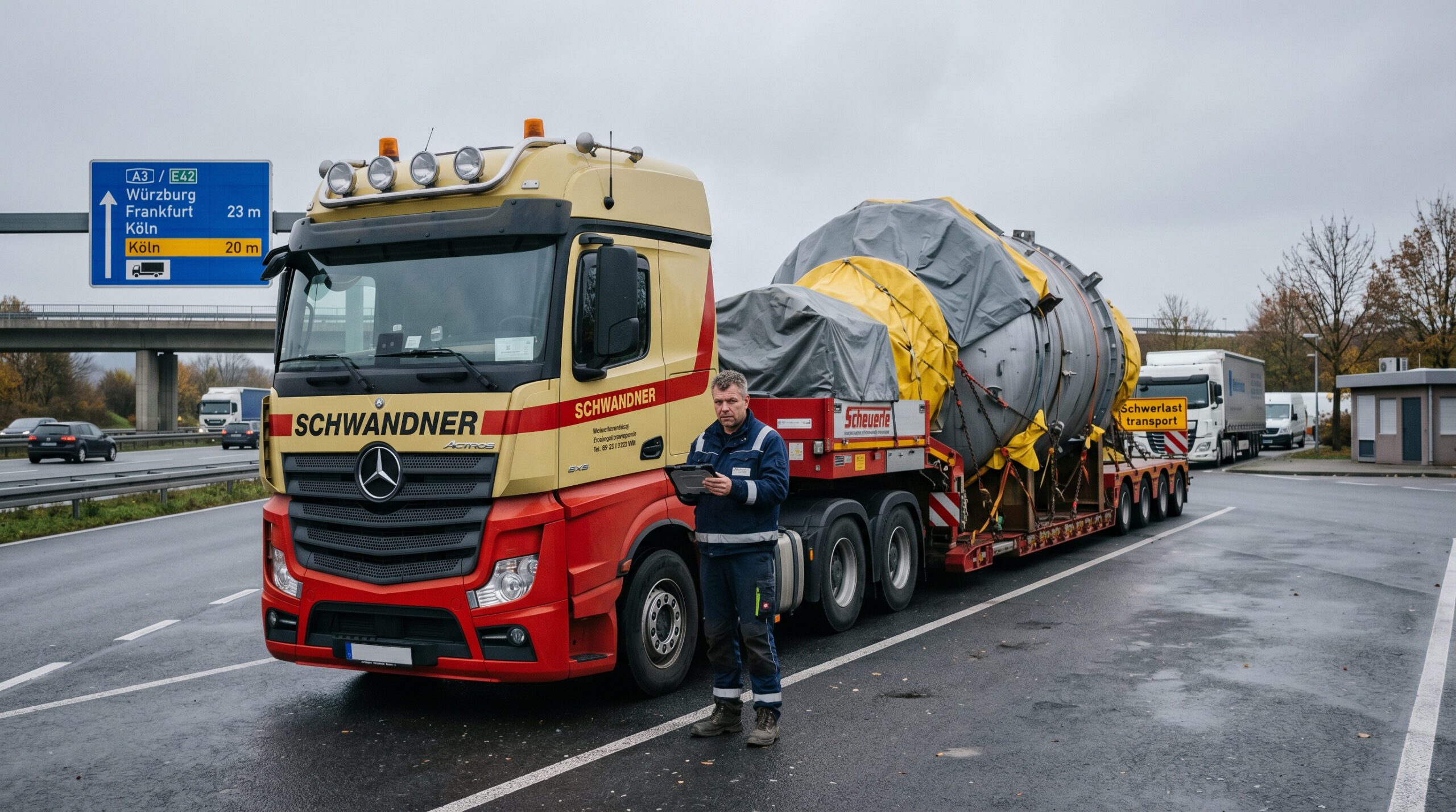 Ein Schwertransport auf einem deutschen Autobahnrastplatz unter grauem Himmel, der Fahrer steht ratlos am LKW.